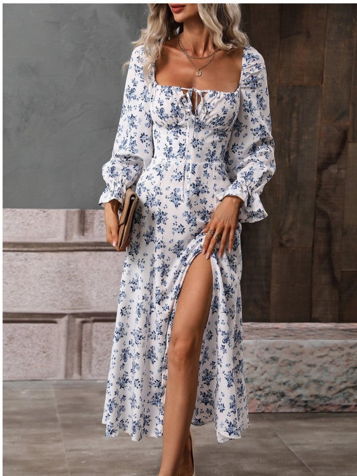 Flowers Printing Long Sleeve Dress Fashion Square-neck Bottom Slit Dresses Womens  Clothing - KuzuSHOP