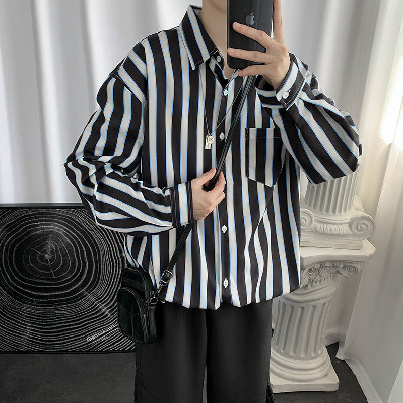 Hong Kong Style Color Block Striped Long-sleeved Shirt - KuzuSHOP