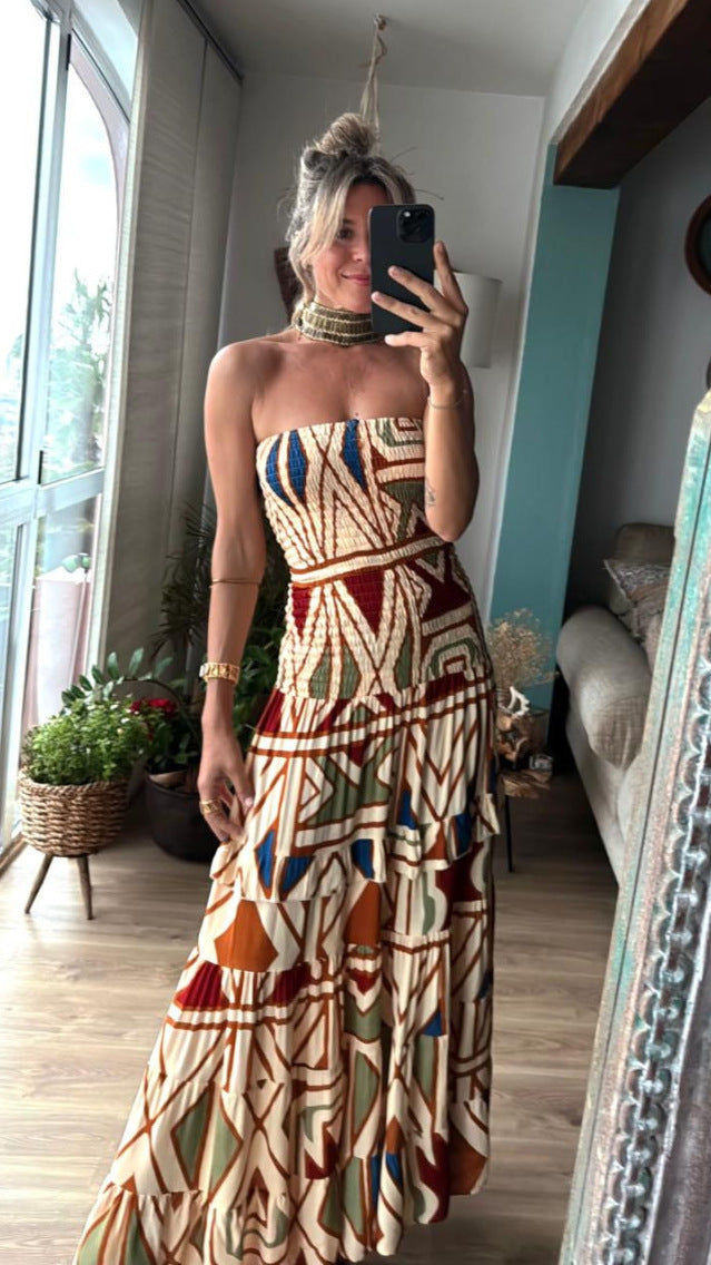 Women's Retro High Waist Printing Slip Dress - KuzuSHOP