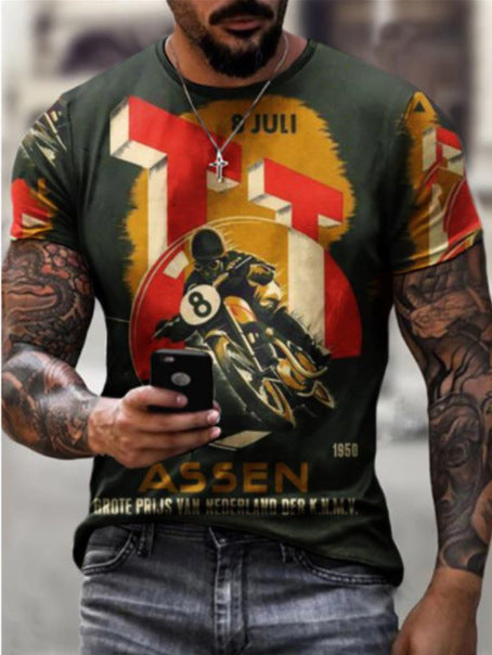 Casual Round Neck Digital Print Slim Short Sleeve Pullover T-shirt - KuzuSHOP