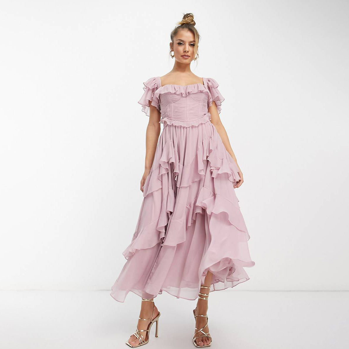 Summer Holiday Ruffled Short-sleeved Dress Fashion Backless Square Neck Long Dresses For Party Womens Clothing - KuzuSHOP