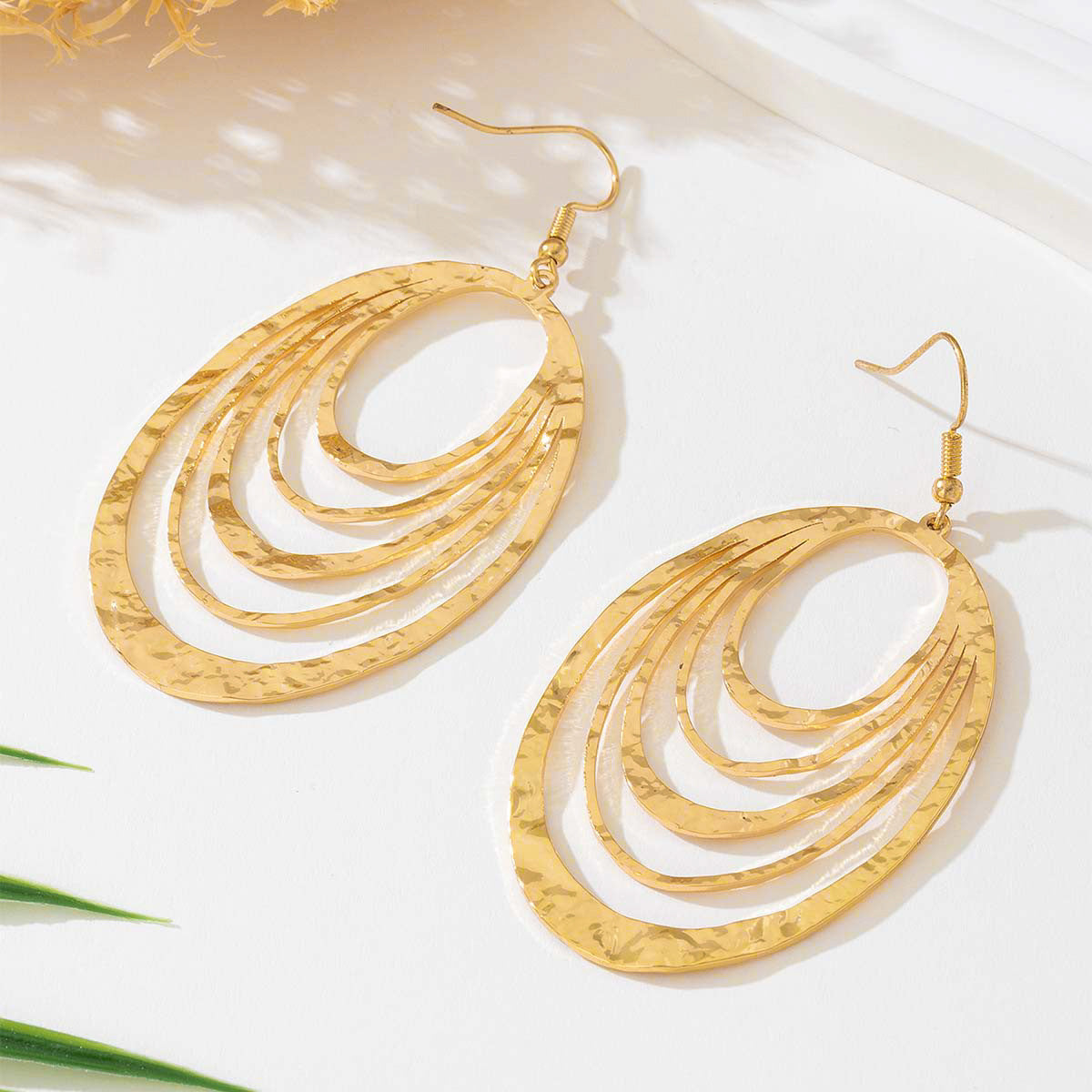 European And American Fashion Elegant 3 Layer Hollow Oval Shaped Big Gold-color Stainless Steel Dangle Drop Earrings - KuzuSHOP