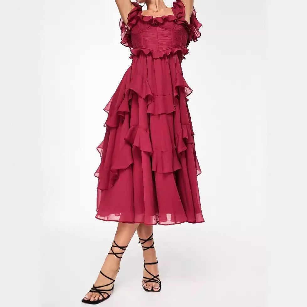 Summer Holiday Ruffled Short-sleeved Dress Fashion Backless Square Neck Long Dresses For Party Womens Clothing - KuzuSHOP