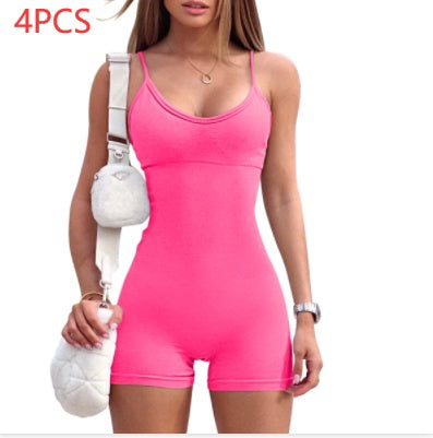 Spaghetti Strap Shorts Jumpsuit Sports Yoga Workout Tight Romper Women Fashion Fitness Sportwear - KuzuSHOP