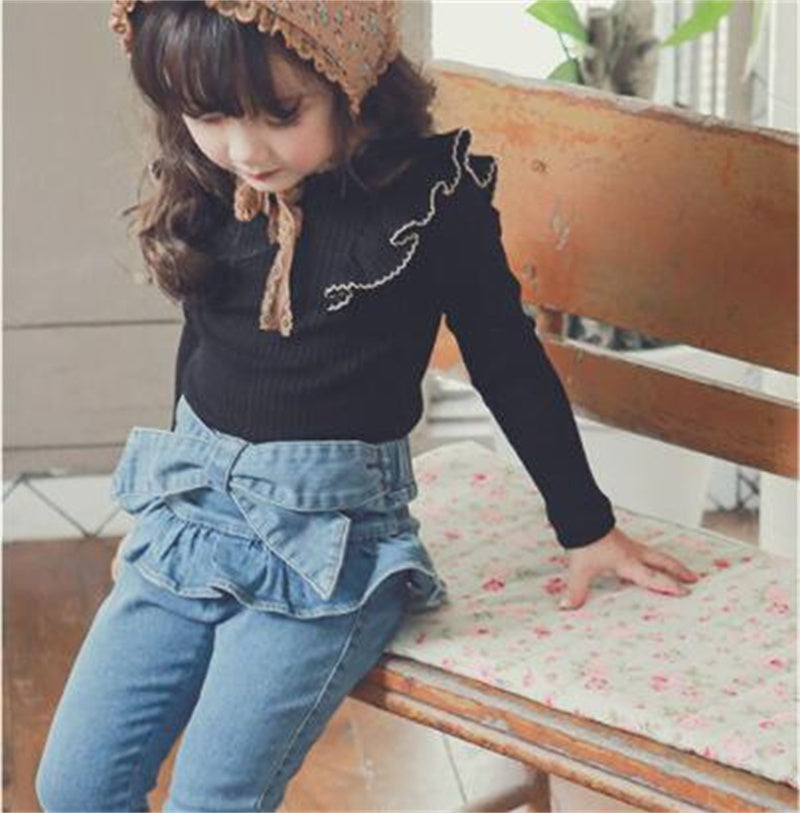 Children Girl Bow Sweet Little Feet Denim Skirt Pants - KuzuSHOP
