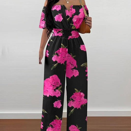 Women's Off-neck Waist Trimming Loose Straight Jumpsuit - KuzuSHOP
