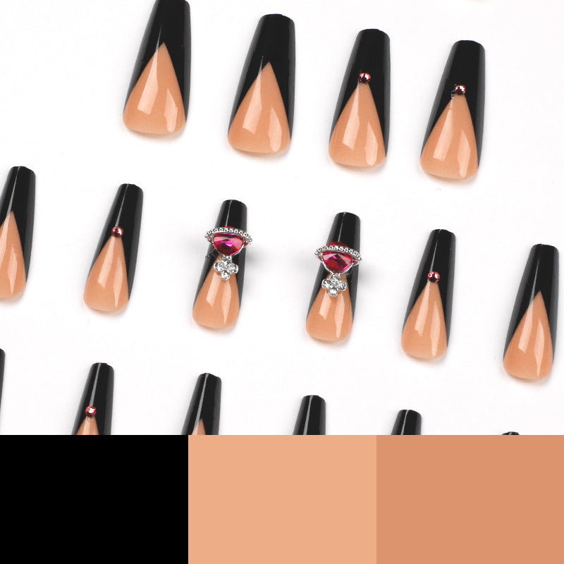 Wear Armor French Black Edge Nail Shaped Piece Queen Mother Rose Rhinestone Fake Nails - KuzuSHOP