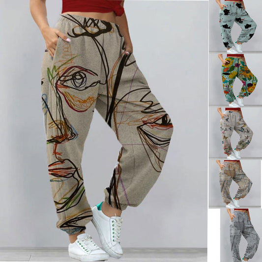 Women's Harem Pants Print Yoga Boho Sports Trousers With Pockets - KuzuSHOP