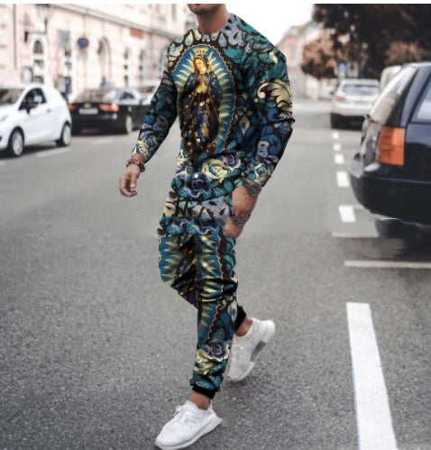 Round Neck T Shirt Long Sleeve Sports Pants Two Piece Set - KuzuSHOP