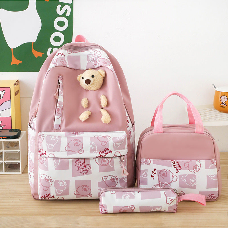 Elementary And Middle School Student Schoolbags Women's Cute Bear Lunch Box Three-piece Set - KuzuSHOP