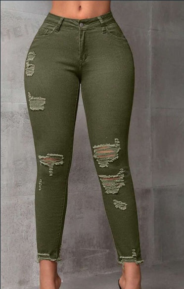 Women's Ripped Slim Fit Nine-Point Denim Jeans - KuzuSHOP