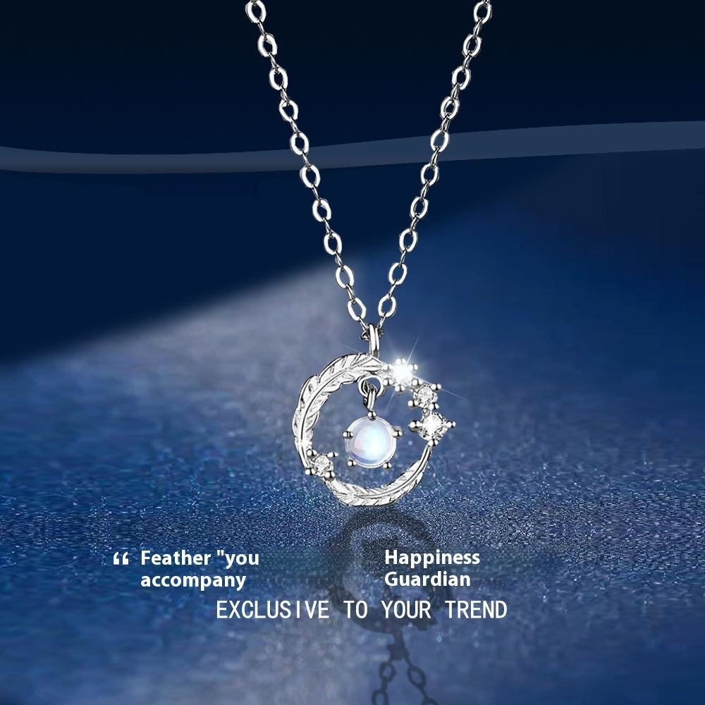 925 Silver Plated  Feather Shape Pendant Necklace Moonstone Round Bead Jewelry Choker Gift - KuzuSHOP
