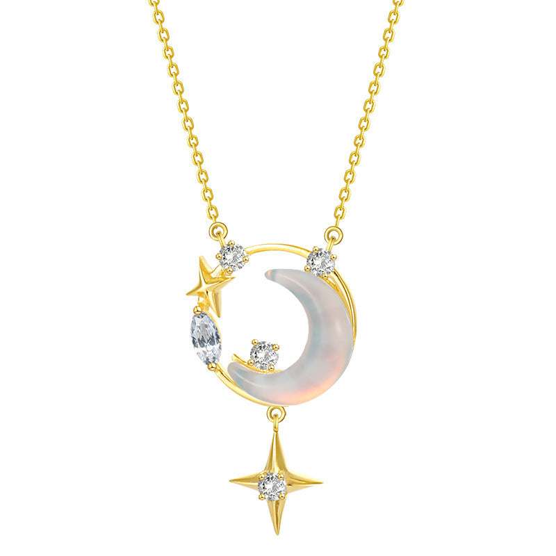 S925 Sterling Silver Star Moon Necklace Women's Light Luxury Minority Clavicle Chain - KuzuSHOP