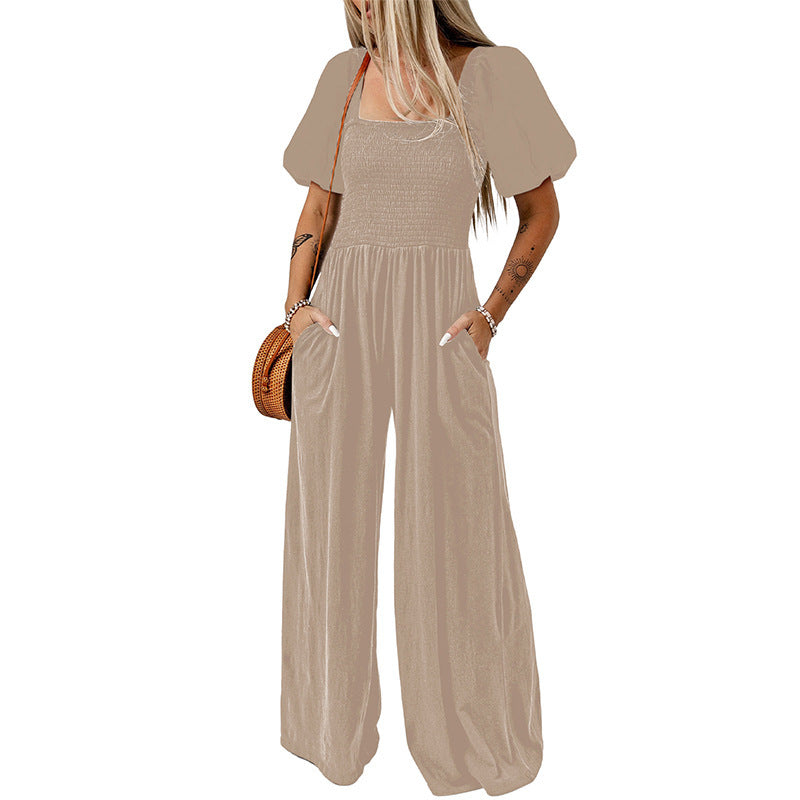 Women's Square Collar Short Sleeve Jumpsuit - KuzuSHOP
