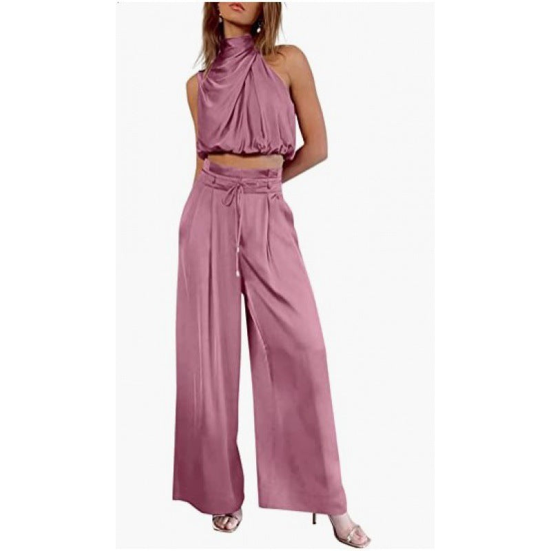 Summer Suits Casual Sleeveless Midriff-baring Top And Wide Leg Pants 2pcs Set Womens Clothing - KuzuSHOP