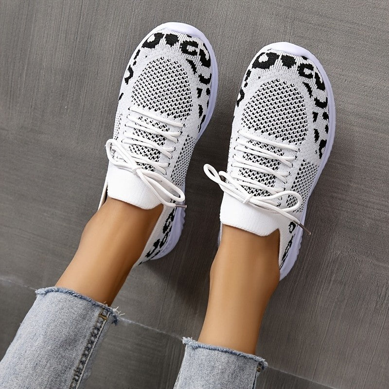 White Shoes Women Leopard Print Lace-up Sneakers Sports - KuzuSHOP