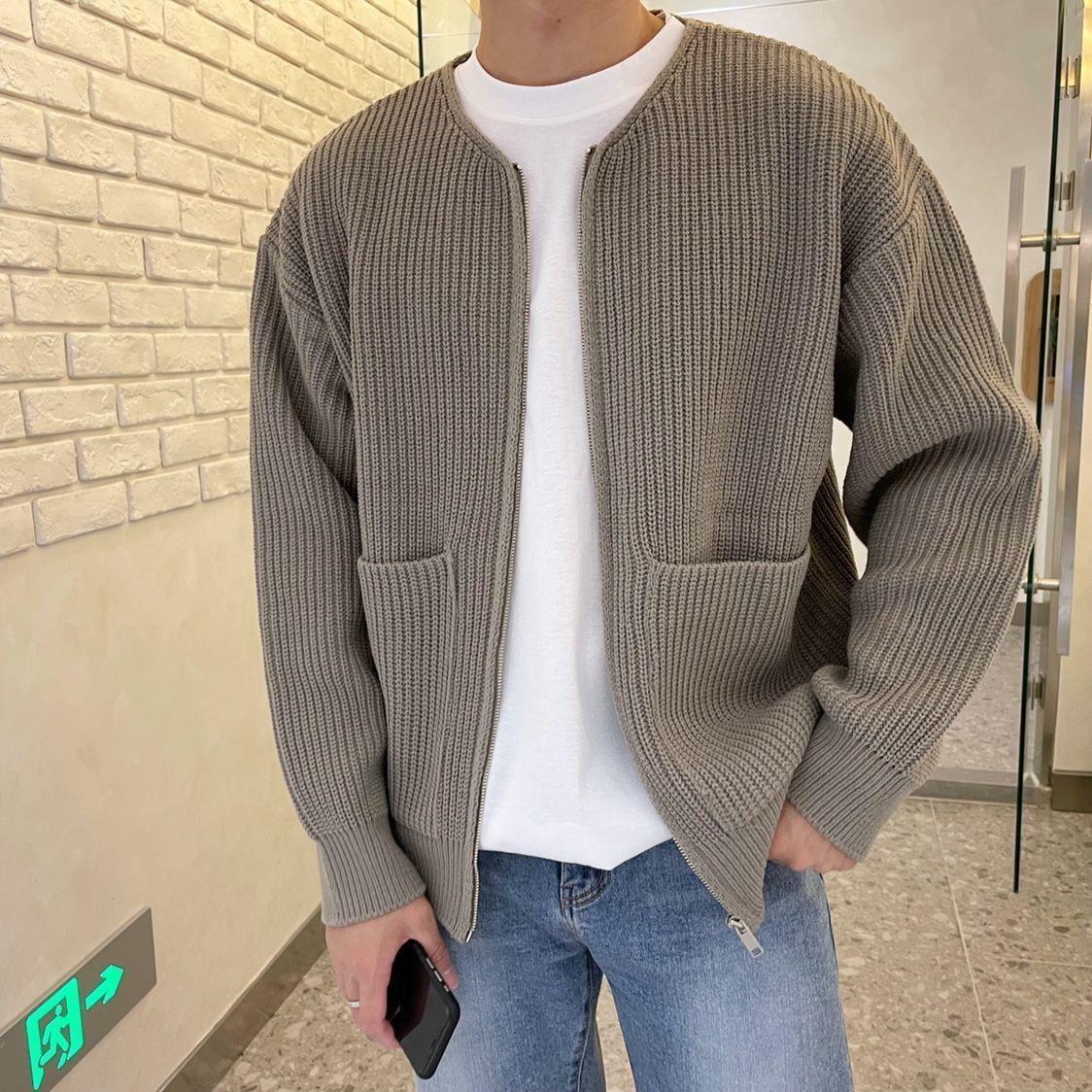 Men Zip Up Knitted Cardigan Lined Funnel Neck Jumper Sweater Pockets Coat All Seasons Comfortable Soft Long Sleeve - KuzuSHOP
