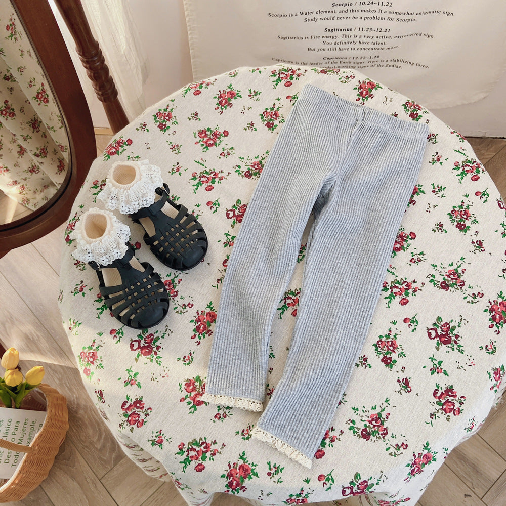 Outerwear Spring Children's Clothing Sunken Stripe Slim-fit Pants Baby Lace Trousers - KuzuSHOP