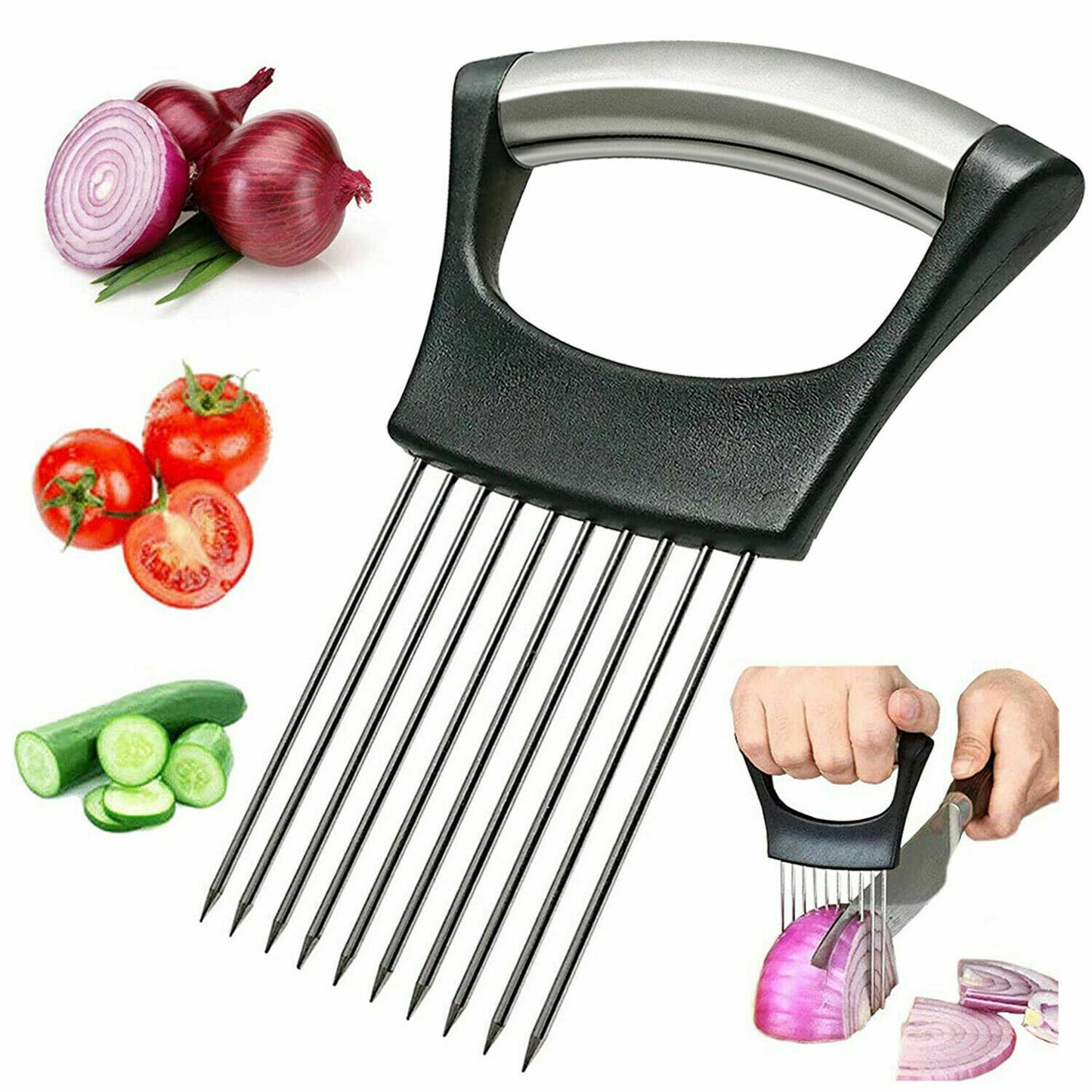 Onion Holder Slicer Vegetable tools Tomato Cutter Stainless Steel Kitchen Gadget - KuzuSHOP