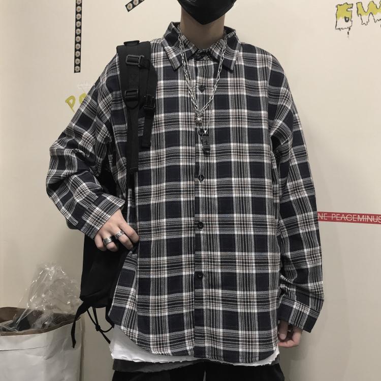 Vintage Plaid Long Sleeved Shirt Loose - KuzuSHOP