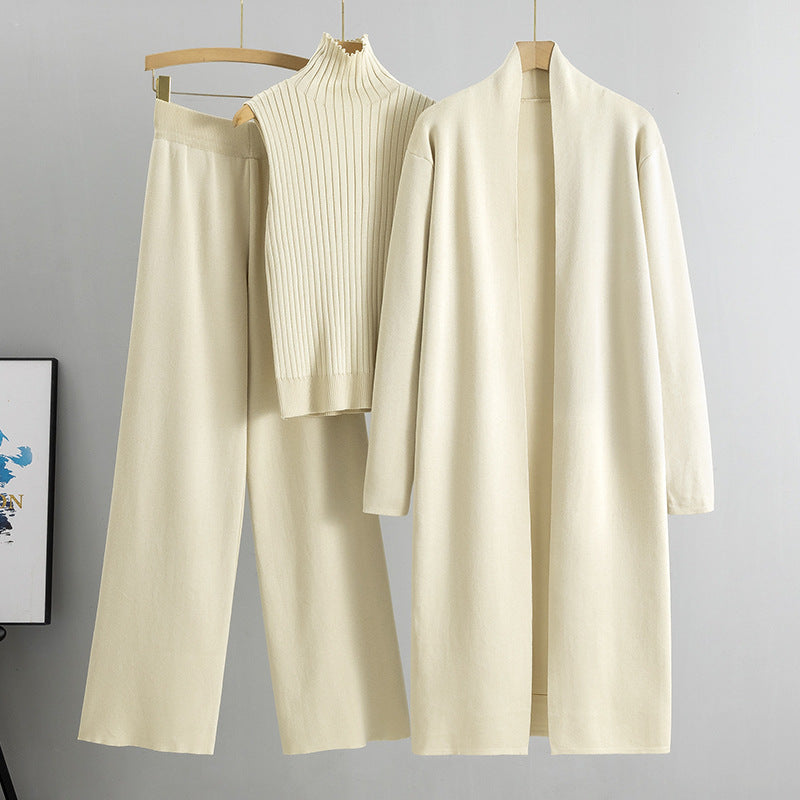 3pcs Suits Women Fashion Knitting Sleeveless Vest Sweater Long Cardigan And Wide-leg Pants Three-piece Set - KuzuSHOP