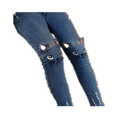 Girls' Children's Clothing Children's Cartoon Cat Embroidery Spring And Autumn Jeans Pencil Pants - KuzuSHOP