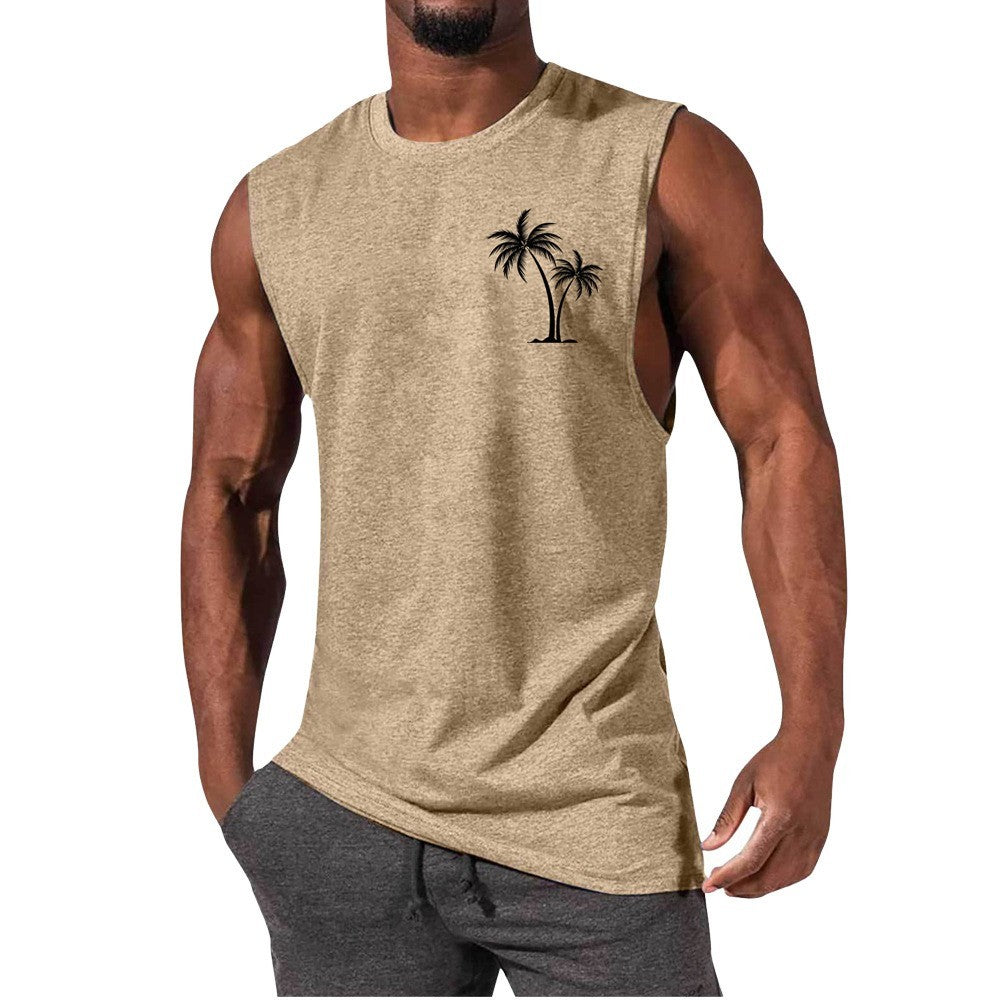 Coconut Tree Embroidery Vest Summer Beach Tank Tops Workout Muscle Men Sports Fitness T-shirt - KuzuSHOP