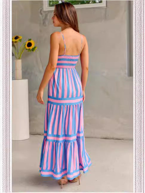 Summer Striped Printed Suspender Long Dress With Pockets Fashion Square Neck Backless Dresses For Beach Vacation Women Clothing - KuzuSHOP