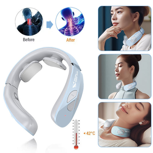 Electric Neck Massager EMS Pulse Rechargeable USB Cervical Traction Therapy Massage Stimulator Pain Relief Heating Function - KuzuSHOP