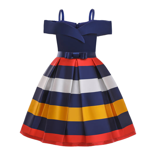 Fashion Sling Dress Children's Strapless Striped Birthday Dress - KuzuSHOP