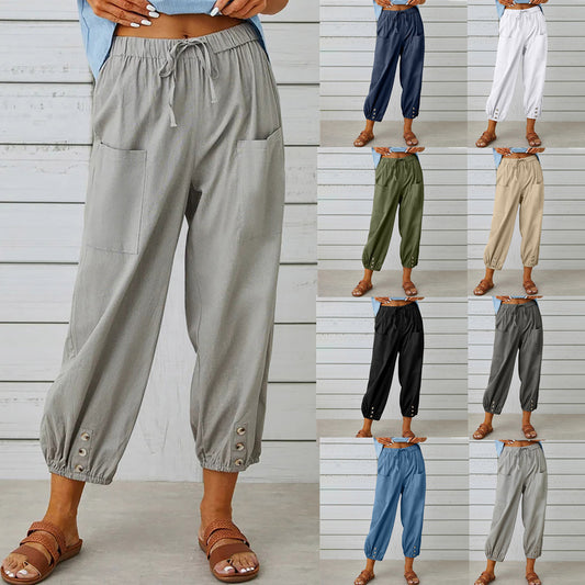 Women Drawstring Tie Pants Spring Summer Cotton And Linen Trousers With Pockets Button - KuzuSHOP