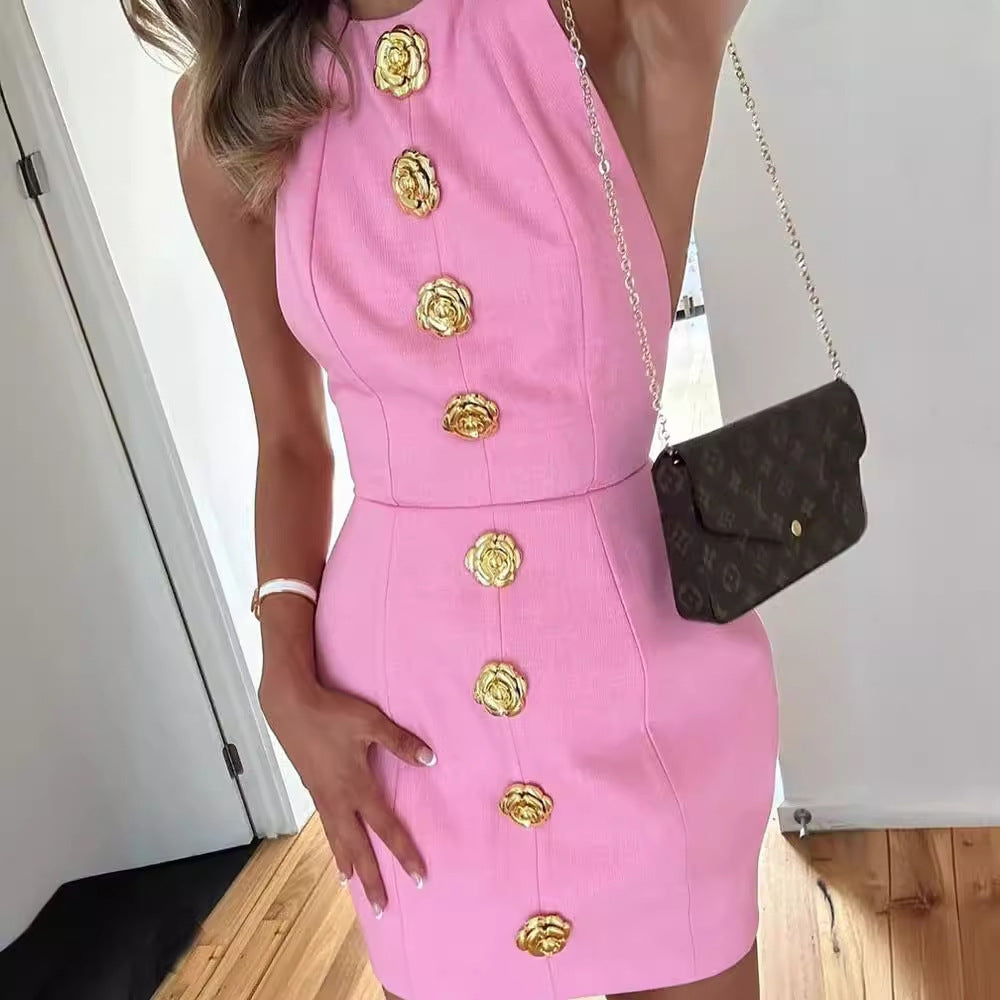 Sweet Sleeveless Backless Dress With Rose Button Design Summer Street Fashion Dresses Womens Clothing - KuzuSHOP