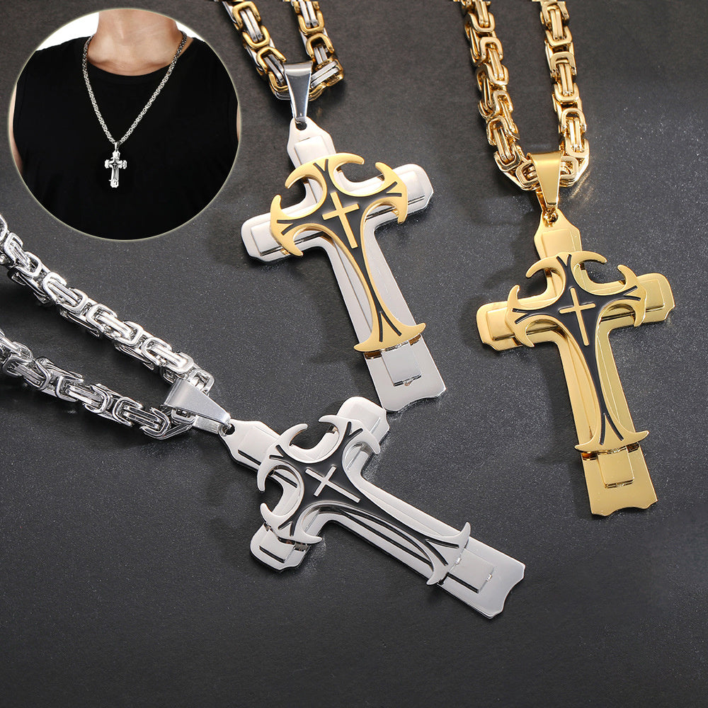 Fashion Jewelry Christian Trinity Latin Cross Necklace For Men Stainless Steel Three Layers Cross Pendants Necklaces Jewelry Gift - KuzuSHOP