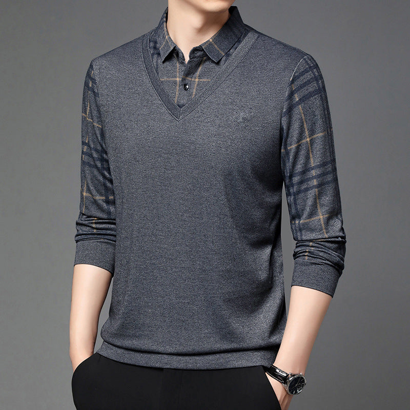 Men Fake Two-piece Lapel Long-sleeved Men's T-shirt - KuzuSHOP