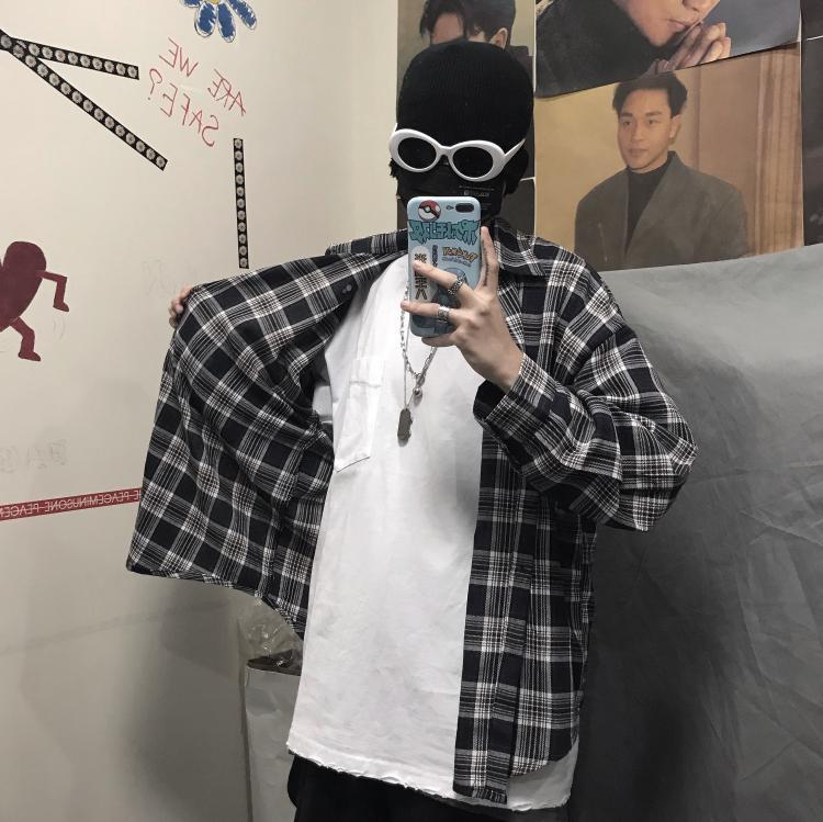 Vintage Plaid Long Sleeved Shirt Loose - KuzuSHOP