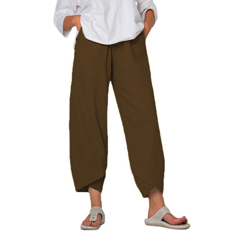 Cotton And Linen Wide Leg Pants Solid Color High Waist Loose Casual Trousers For Women - KuzuSHOP