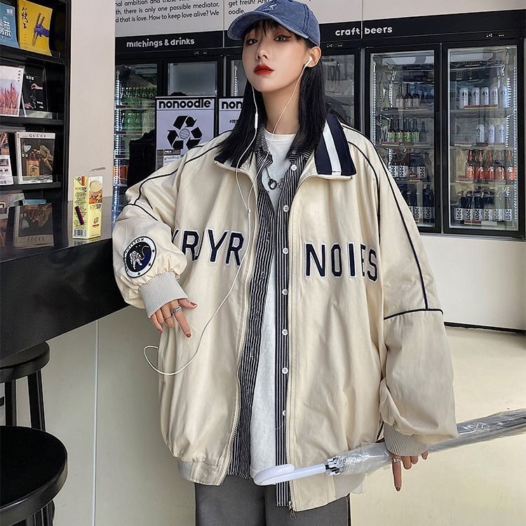 Vintage Mock Neck Loose Baseball Suit Versatile Coat Women - KuzuSHOP