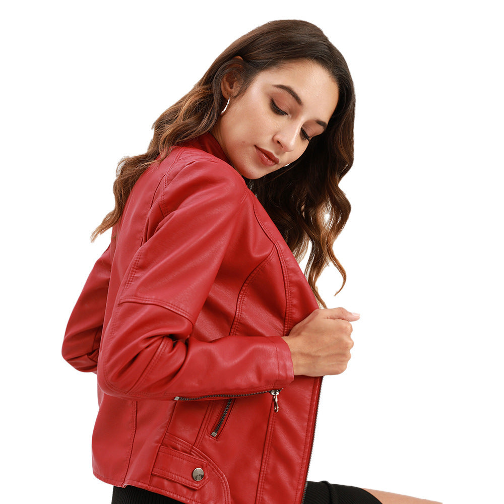 Biker Oversized Stand Collar Leather Jacket - KuzuSHOP