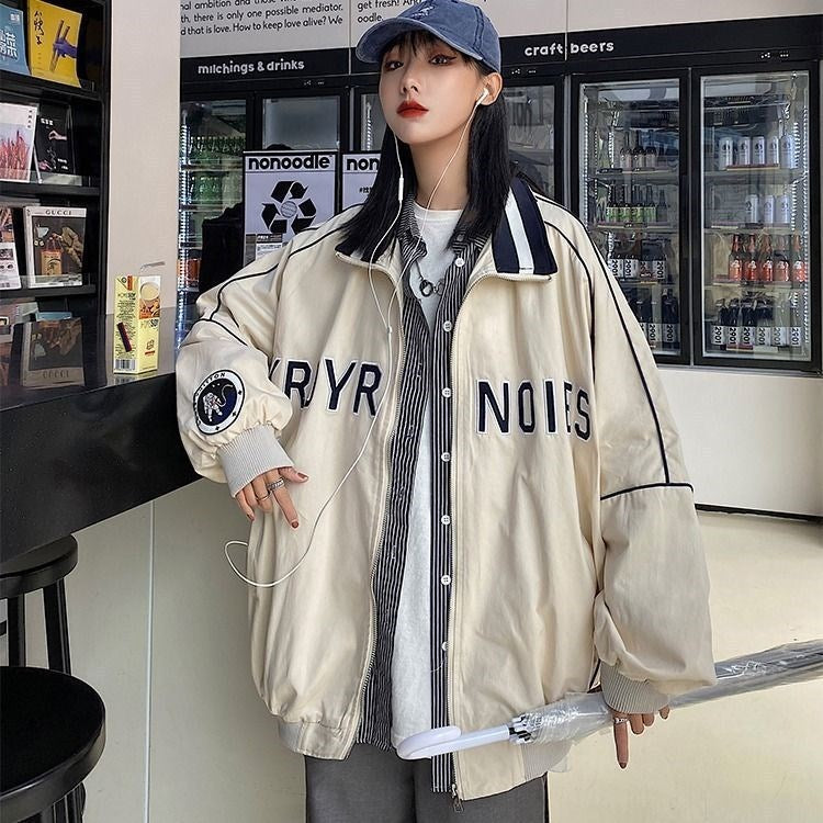 Vintage Mock Neck Loose Baseball Suit Versatile Coat Women - KuzuSHOP
