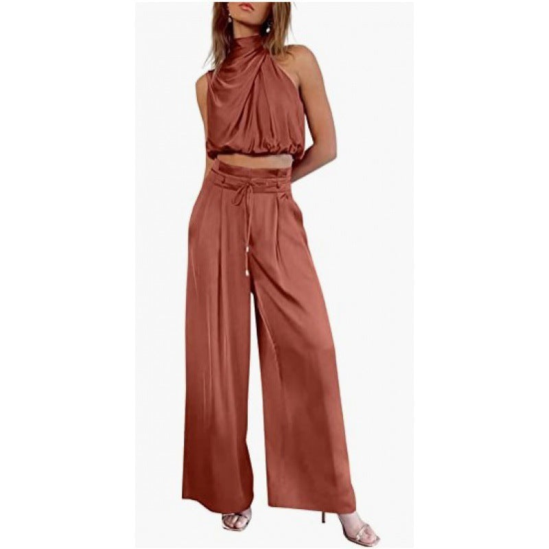Summer Suits Casual Sleeveless Midriff-baring Top And Wide Leg Pants 2pcs Set Womens Clothing - KuzuSHOP