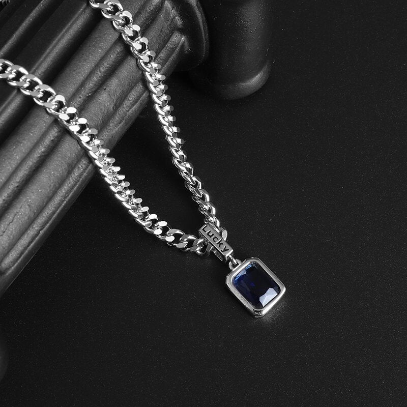 Silver Cuban Link Chain SETI Net Lucky Blue Zircon Pendant Necklace - KuzuSHOP