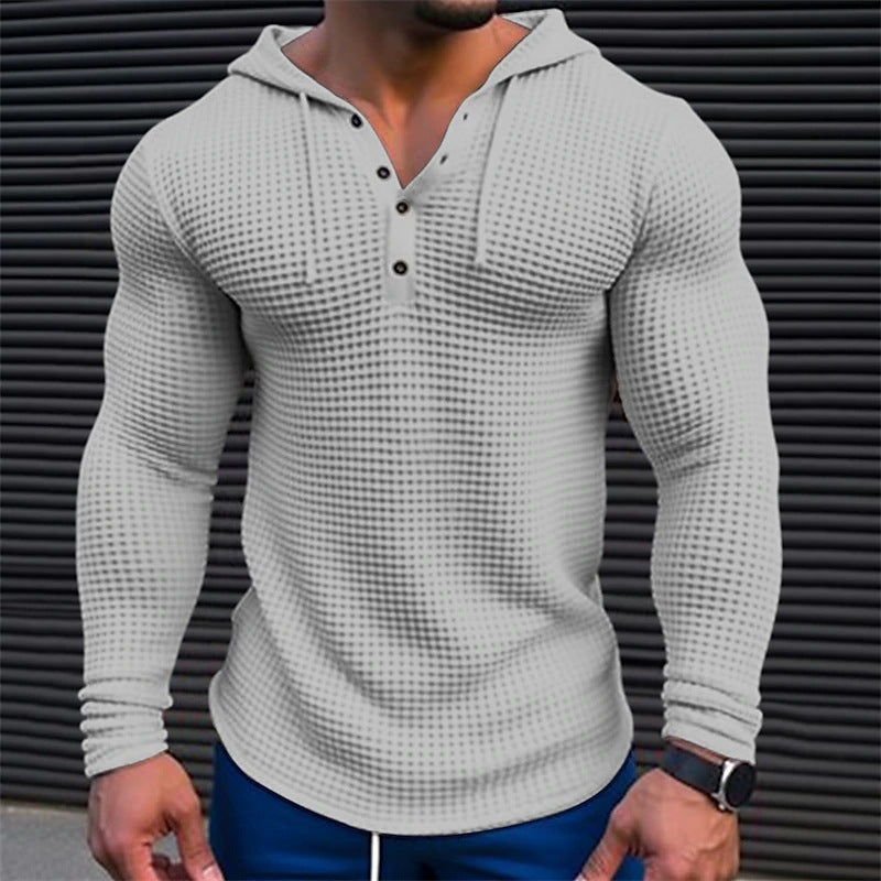 Men's Waffle Button Hoodie T-shirt Top Vacation Long Sleeve Casual Fashion - KuzuSHOP