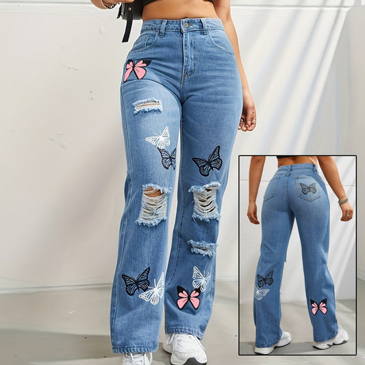 High Waisted Straight Leg Jeans For Women Trendy Butterfly Print Ripped Distressed Denim Pants - KuzuSHOP
