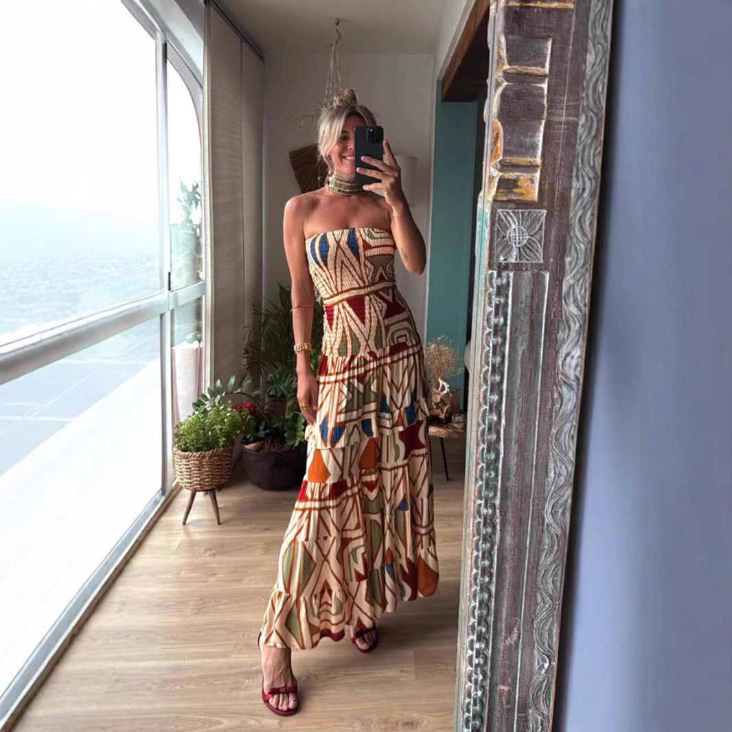 Women's Retro High Waist Printing Slip Dress - KuzuSHOP
