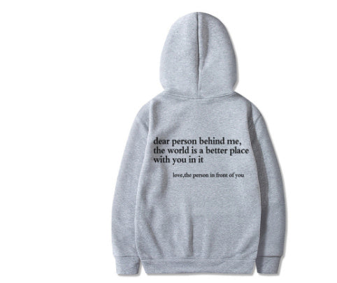 Dear Person Behind Me,the World Is A Better Place,with You In It,love,the Person In Front Of You ,Sweatshirt Letter Slogan Printed Kangaroo Pocket Drawstring - KuzuSHOP