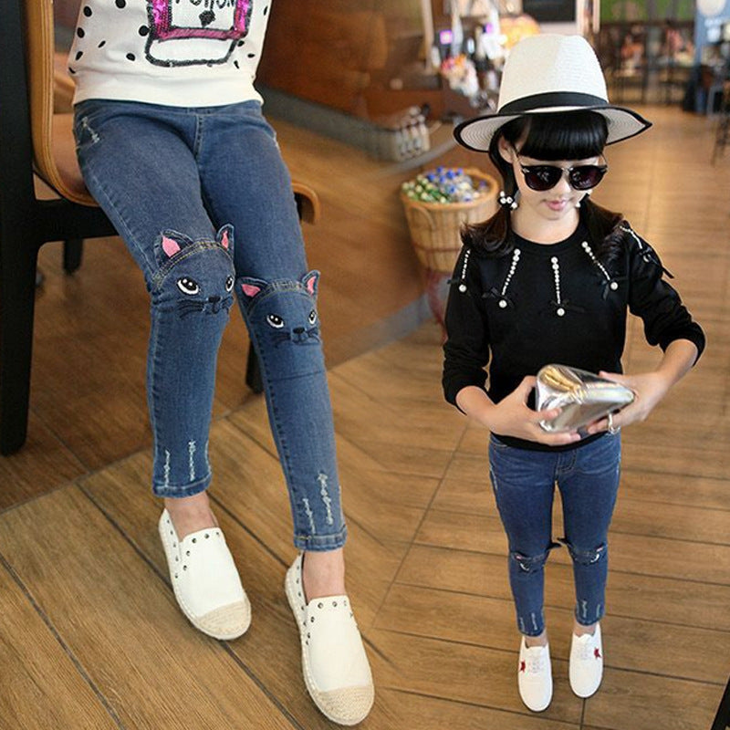 Girls' Children's Clothing Children's Cartoon Cat Embroidery Spring And Autumn Jeans Pencil Pants - KuzuSHOP