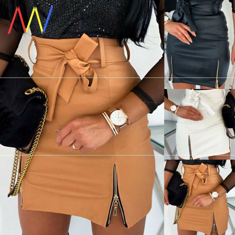 Women Bandage PU Leather Skirt Ladies Short Mini Skirts - KuzuSHOP