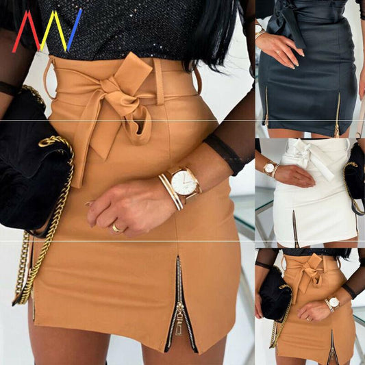 Women Bandage PU Leather Skirt Ladies Short Mini Skirts - KuzuSHOP