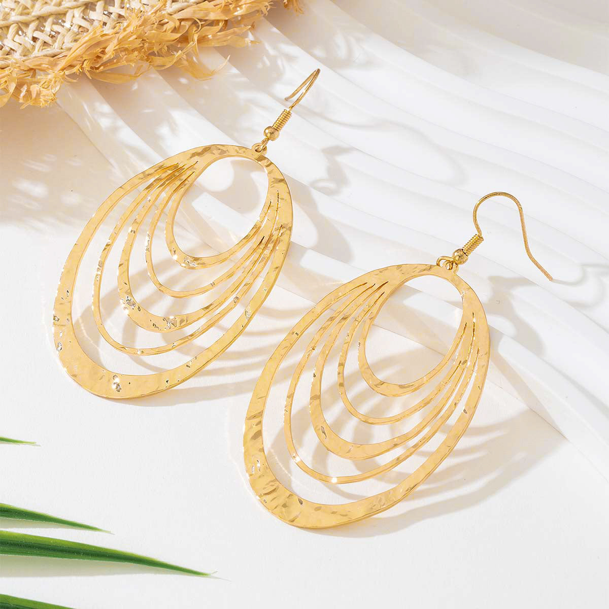 European And American Fashion Elegant 3 Layer Hollow Oval Shaped Big Gold-color Stainless Steel Dangle Drop Earrings - KuzuSHOP