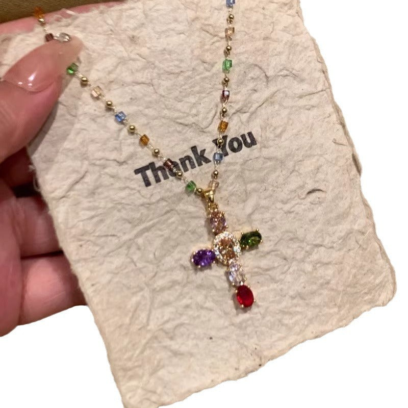 Color Zircon Cross Necklace Clavicle Chain - KuzuSHOP